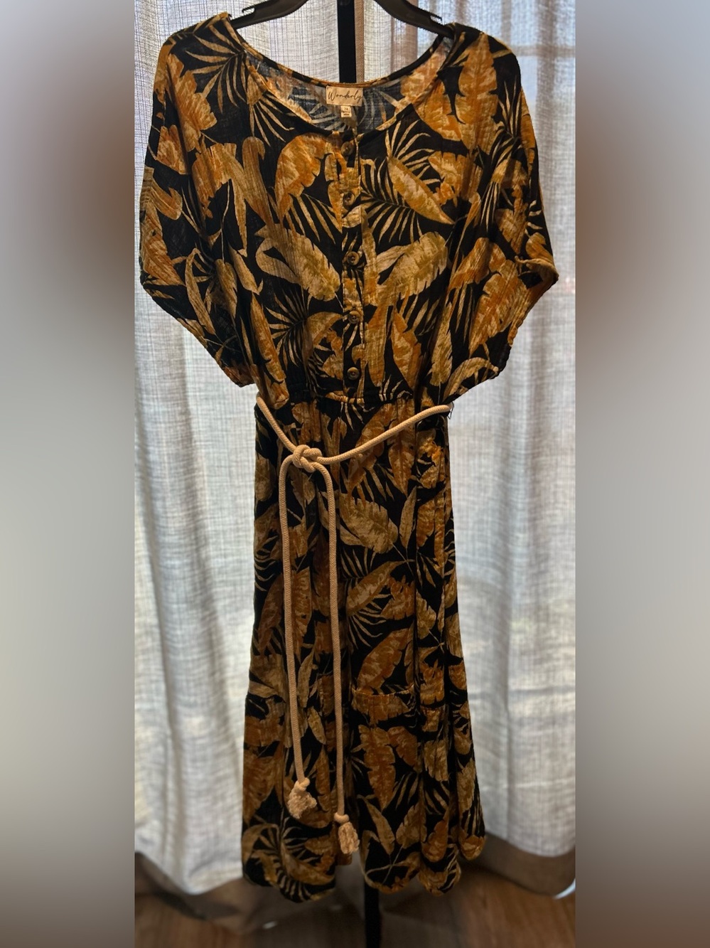 Wonderly Black and Mustard Leaf-Print Midi Dress with Rope Tie